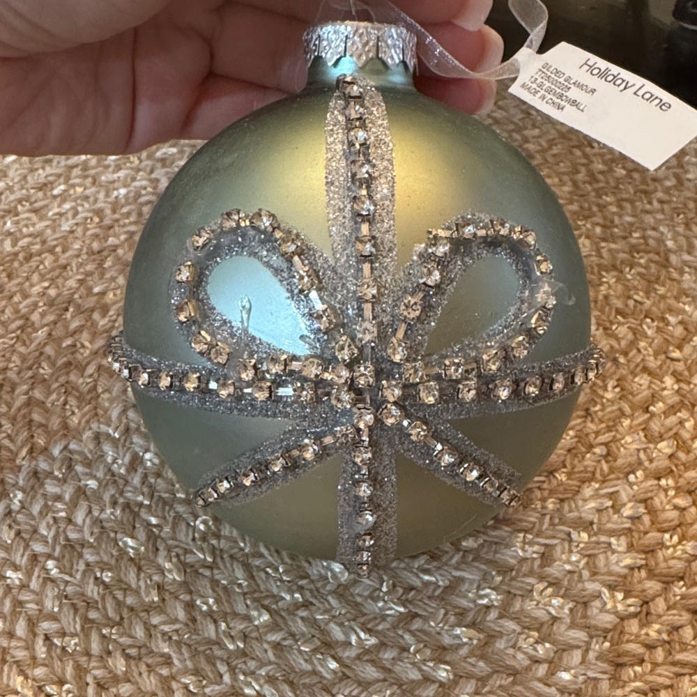 Holiday lane mint Green Ornament with Silver bow Accents